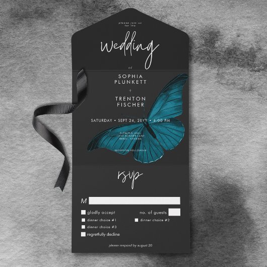 Invitation Tout En Un Sombre Moody Minimal Turquoise Moth Dîner Mariage