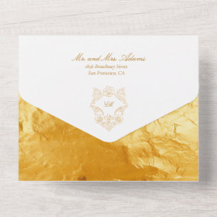 Invitation Tout En Un Sophistiqué Faux Foil Script Gold Mariage baroque
