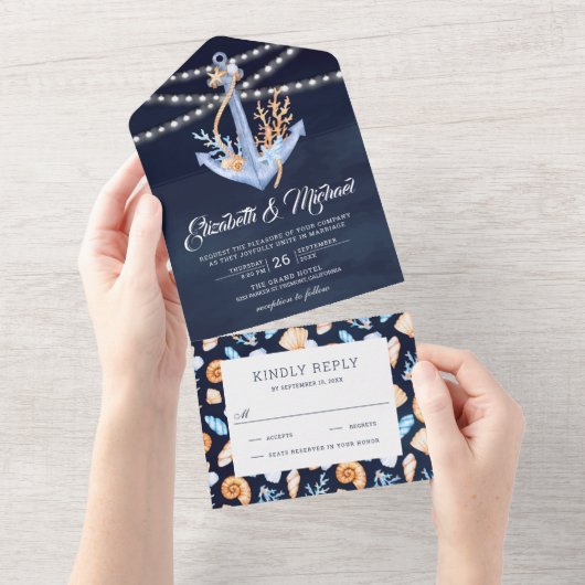 Invitation Tout En Un Sous l'Ancre nautique Marine Mariage bleu marine (Déchirure)
