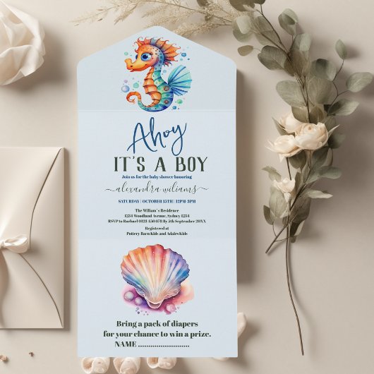 Invitation Tout En Un Sous le Baby shower d'aquarelle de mer