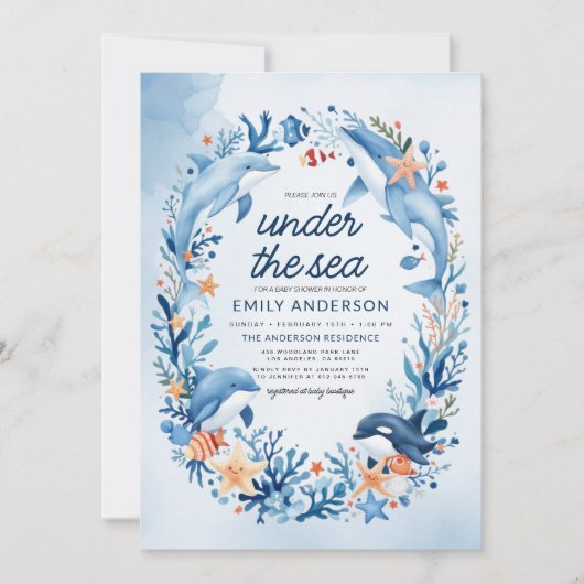 Invitation Tout en un sous le Baby shower Océan Bleu Mer (Devant)