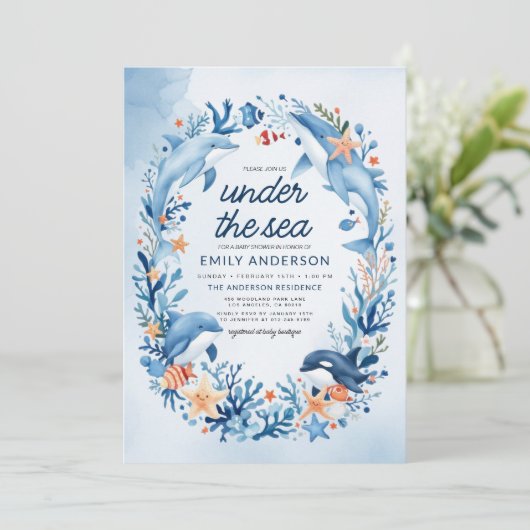 Invitation Tout en un sous le Baby shower Océan Bleu Mer (Debout devant)