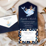 Invitation Tout En Un Sous le Mariage nautique bleu de la marine de bale<br><div class="desc">Éblouissez vos invités avec cet élégant invitation de mariage avec une belle baleine bleue et de mignons coquillages avec une typographie moderne. Ajoutez simplement les détails de votre événement sur ce modèle facile à utiliser pour en faire une invitation unique.</div>