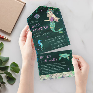 Invitation Tout En Un Sous l'eau Sirène Émeraude Vert Baby Shower
