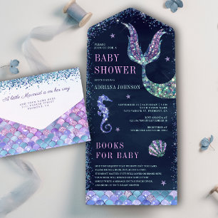 Invitation Tout En Un Sous l'Océan Sirène Violette Baby Shower Bleu Mari