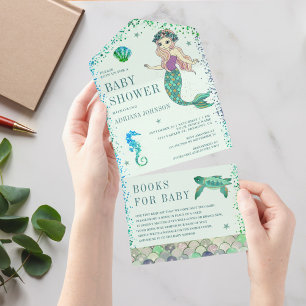 Invitation Tout En Un Sous l'Océan Vert Menthe Baby Shower Sirène