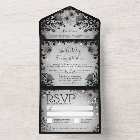 Invitation Tout En Un Spider Love Grey & Black Gothique Floral Halloween (À l'intérieur)