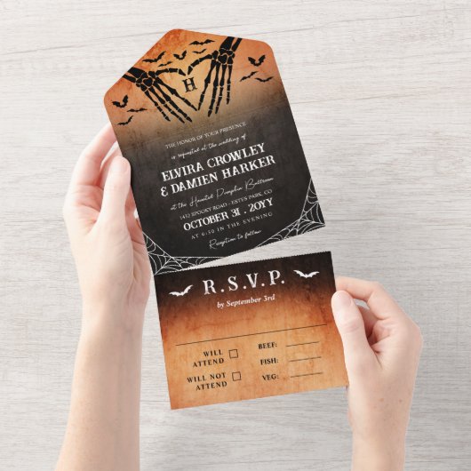 Invitation Tout En Un Squelette Coeur Monogramme Halloween Goth Mariage (Déchirure)