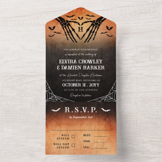 Invitation Tout En Un Squelette Coeur Monogramme Halloween Goth Mariage (À l'intérieur)