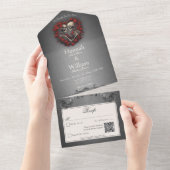 Invitation Tout En Un Squelette sombre gothique et code QR cœur de rose (Déchirure)