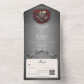 Invitation Tout En Un Squelette sombre gothique et code QR cœur de rose (À l'intérieur)