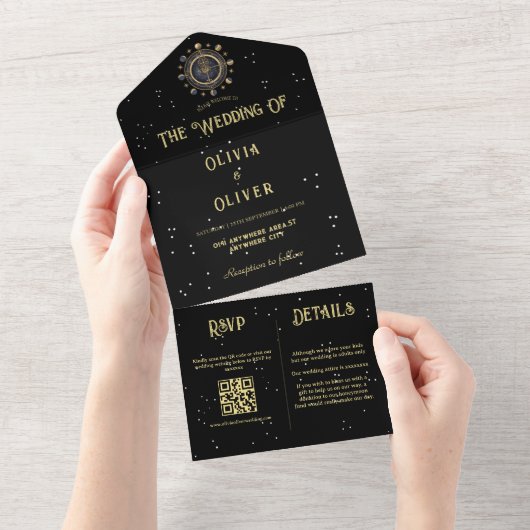 Invitation Tout En Un Star céleste QR code astrologie thème mariage (Déchirure)