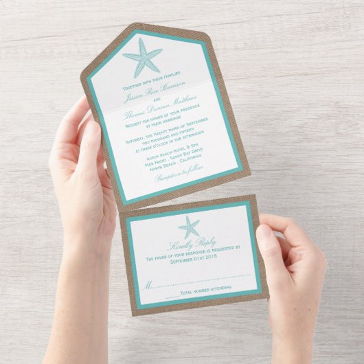 Invitation Tout En Un Starfish Turquoise Burlap Beach Wedding Collection (Déchirure)