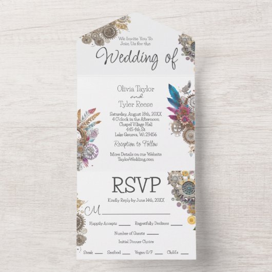 Invitation Tout En Un Steampunk, Fleurs et Plumes Mariage (À l'intérieur)