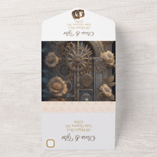 Invitation Tout En Un Steampunk, Fleurs et Plumes Mariage (Dehors)