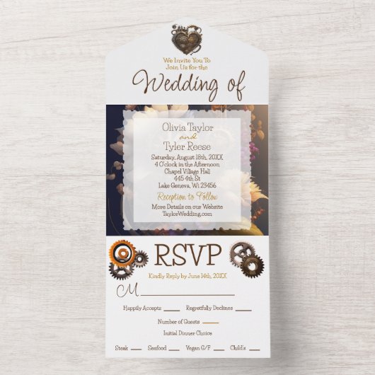 Invitation Tout En Un Steampunk, Fleurs et Plumes Mariage (À l'intérieur)