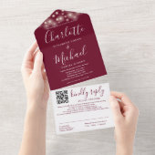 Invitation Tout En Un String Lights Burgundy Script QR Code Mariage (Déchirure)