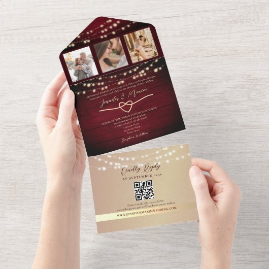 Invitation Tout En Un String Lights Gold et Mariage Bourgogne (Déchirure)