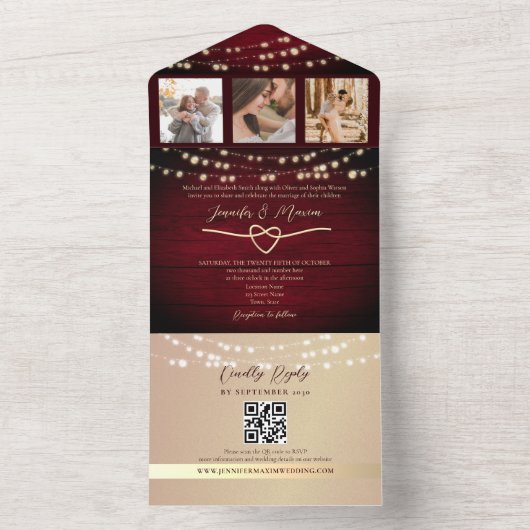 Invitation Tout En Un String Lights Gold et Mariage Bourgogne (À l'intérieur)