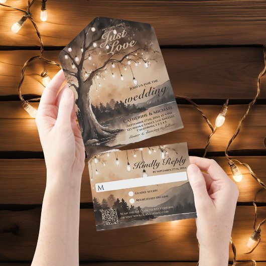 Invitation Tout En Un String Lights Romantic Country QR Code Mariage