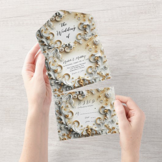 Invitation Tout En Un Style baroque de luxe Mariage or blanc (Déchirure)