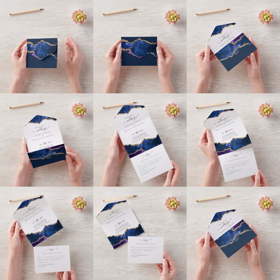 Invitation Tout En Un Sublime Agate Blue Gold MARIAGE SUITE