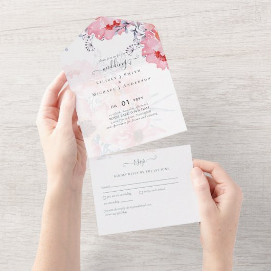 Invitation Tout En Un Sublime  Dusty Blue Pink Blossom Mariage Ensemble  (Déchirure)