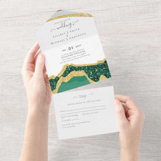 Invitation Tout En Un Sublime Emerald Green Gold Mariage (Déchirure)