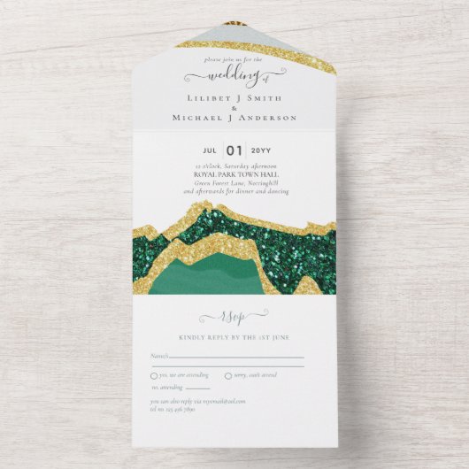 Invitation Tout En Un Sublime Emerald Green Gold Mariage (À l'intérieur)