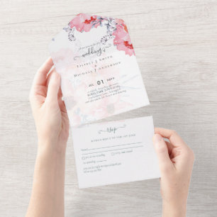 Invitation Tout En Un Sublime Suite de mariage Dusty Blue Pink Blossom T