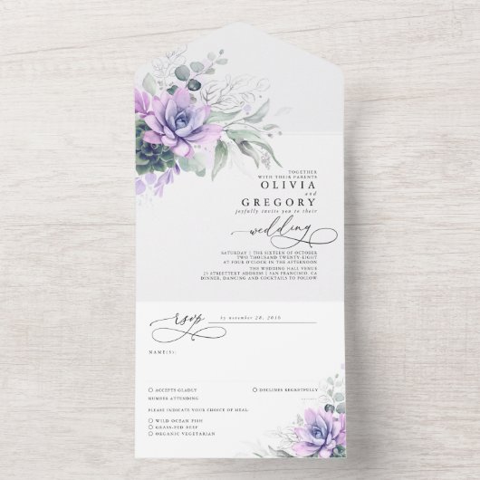 Invitation Tout En Un Succulents Mariage Feuille verdure et argent (À l'intérieur)