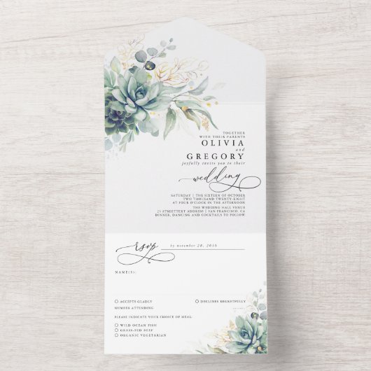 Invitation Tout En Un Succulents Mariage Feuille verdure et or (À l'intérieur)