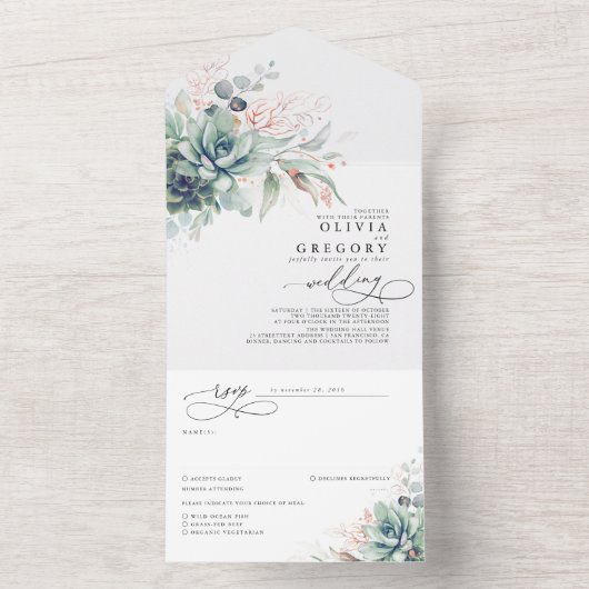 Invitation Tout En Un Succulents Verdure et Rose Or Feuille Mariage  (À l'intérieur)