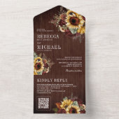 Invitation Tout En Un Sunflower Bourgogne Floral QR Code Mariage en bois (À l'intérieur)