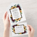 Invitation Tout En Un Sunflower Country Rustic Elegant Mariage de automn<br><div class="desc">Le design est également proposé dans une option de choix de repas. Voir le lien bleu collection sur cette page pour le trouver et les produits correspondants dans ce schéma de conception. Le design présente d'élégants roses d'aquarelle, des pivoines, des fleurs sauvages et des tournesols dans différentes nuances de rouge...</div>