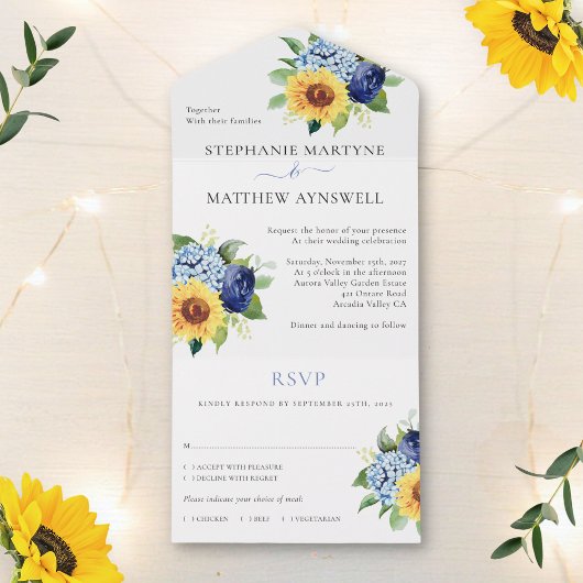 Invitation Tout En Un Sunflower Dusty Blue Floral Mariage botanique
