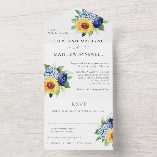 Invitation Tout En Un Sunflower Dusty Blue Floral Mariage botanique (À l'intérieur)