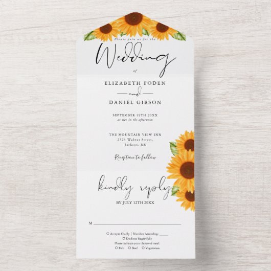Invitation Tout En Un Sunflower Floral Élégant Mariage Script (À l'intérieur)