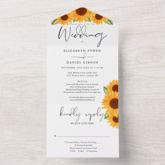 Invitation Tout En Un Sunflower Floral Élégant Mariage Script (À l'intérieur)