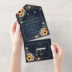 Invitation Tout En Un Sunflower Navy Bleu Bourgogne Bois Mariage Floral
