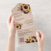 Invitation Tout En Un Sunflowers Bourgogne Floral QR Code Burlap Mariage (Déchirure)