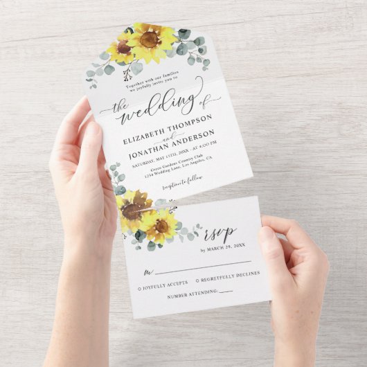 Invitation Tout En Un Sunflowers Eucalyptus Détails Mariage RSVP (Déchirure)