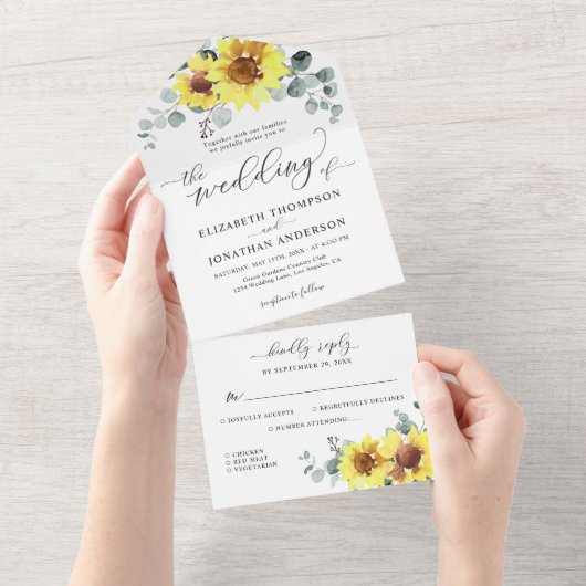Invitation Tout En Un Sunflowers Eucalyptus Marine Mariage floral RSVP (Déchirure)