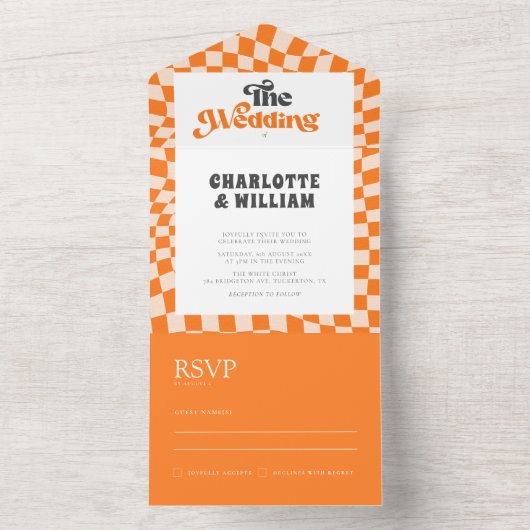 Invitation Tout En Un Super Orange À damiers unique Mariage moderne (À l'intérieur)