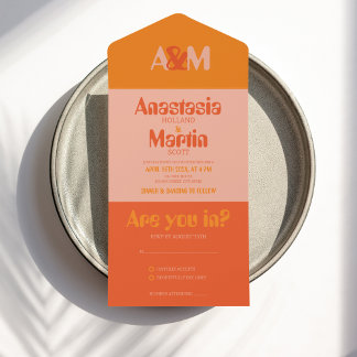 Invitation Tout En Un Super Retro les années 70 Peach Orange Bold Mariag