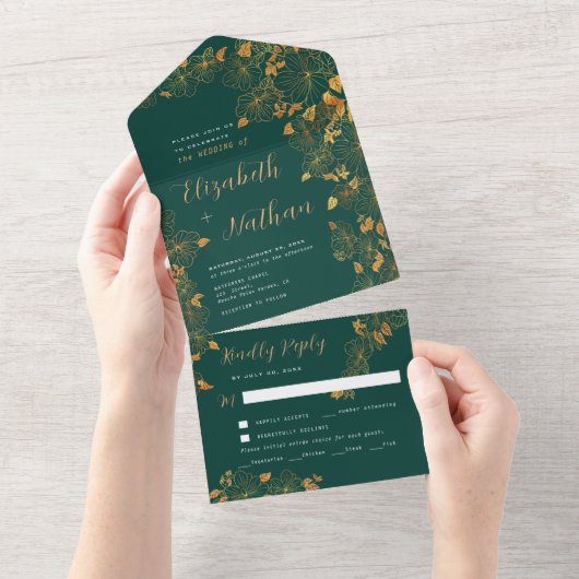 Invitation Tout En Un Superbe feuillage Floral Emerald Green Gold (Déchirure)