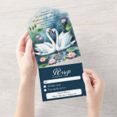 Invitation Tout En Un Swan In Lotus Lake Code QR Mariage (Déchirure)