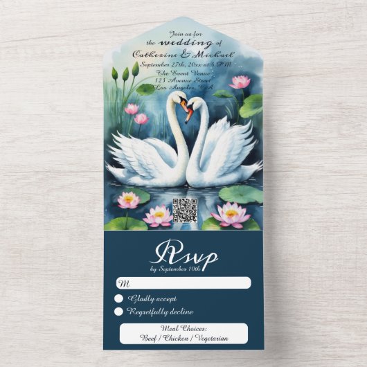 Invitation Tout En Un Swan In Lotus Lake Code QR Mariage (À l'intérieur)