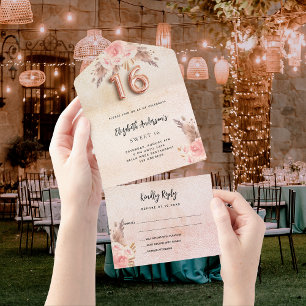 Invitation Tout En Un Sweet 16 pampas herbe fleurons rose rose RSVP