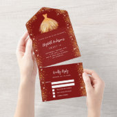 Invitation Tout En Un Sweet 16 robe rouge or parties scintillant RSVP (Déchirure)